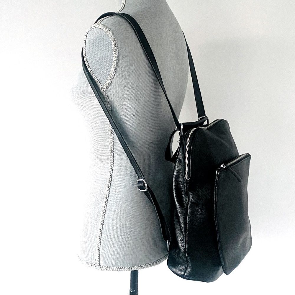 HESHE Black Pebble Leather Three Ways Bag Backpack Crossbody City Minimalist - Picture 2 of 11